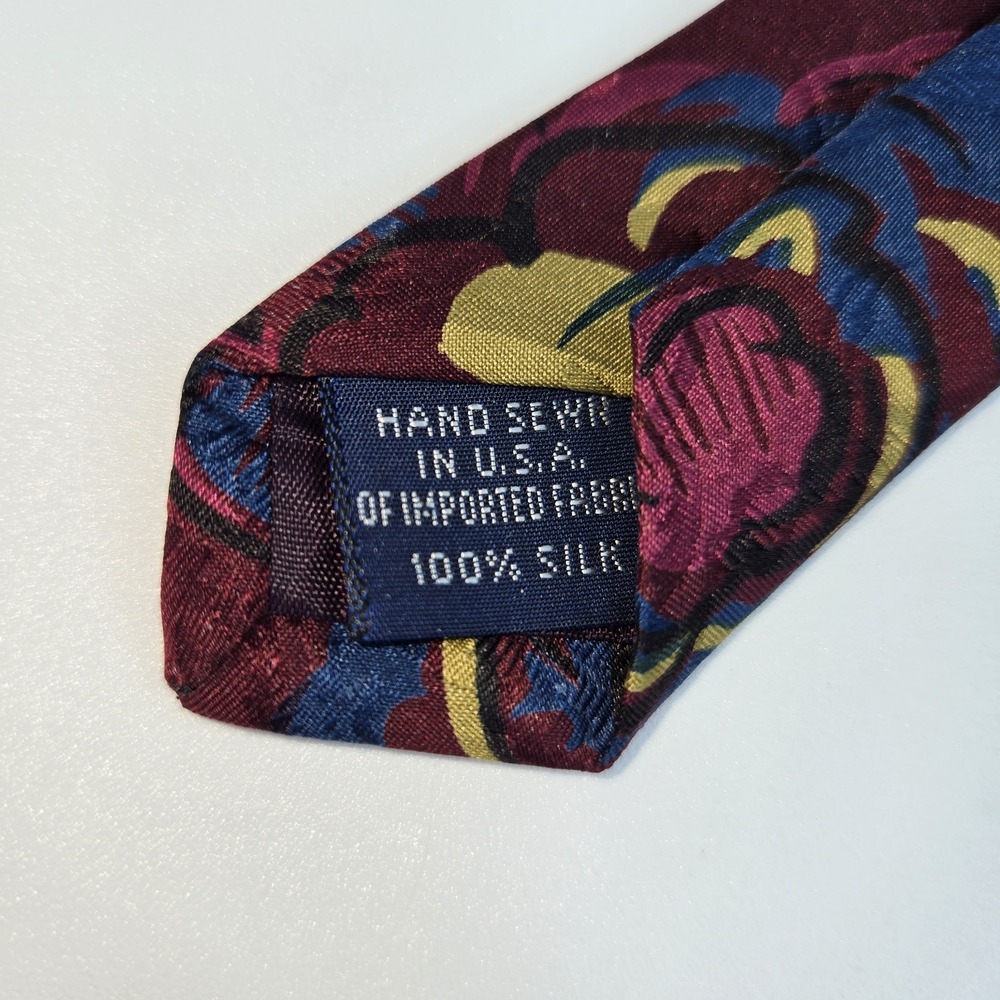 Vintage Lands End Silk Tie Burgundy Blue Gold Floral Art Nouveau 90s 3.5" x 58" - Picture 5 of 6